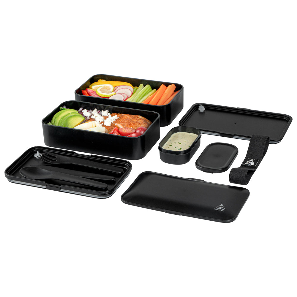 Bento Tek 41 oz Black Buddha Box All-in-One Lunch Box - with Utensils, Sauce Cup - 7 1/4" x 4 1/4" x 4" - 1 count box