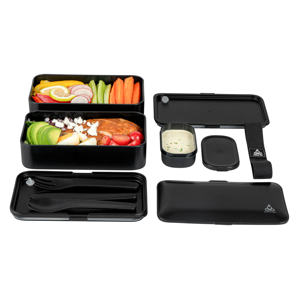 Bento Tek 41 oz Black Buddha Box All-in-One Lunch Box - with Utensils, Sauce Cup - 7 1/4" x 4 1/4" x 4" - 1 count box