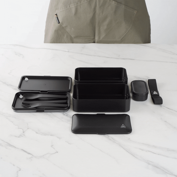 Bento Tek 41 oz Black Buddha Box All-in-One Lunch Box - with Utensils, Sauce Cup - 7 1/4" x 4 1/4" x 4" - 1 count box