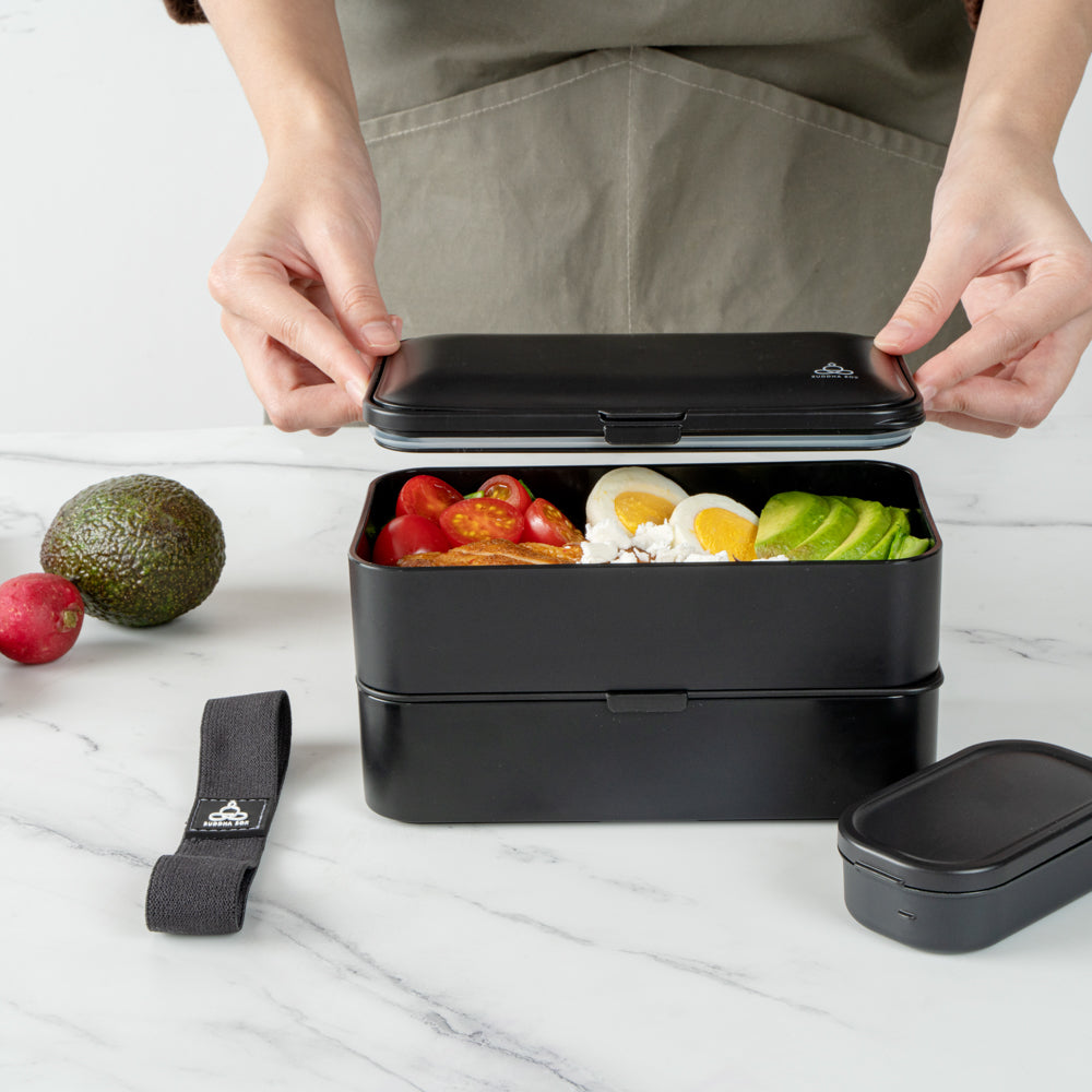 Bento Tek 41 oz Black Buddha Box All-in-One Lunch Box - with Utensils, Sauce Cup - 7 1/4" x 4 1/4" x 4" - 1 count box