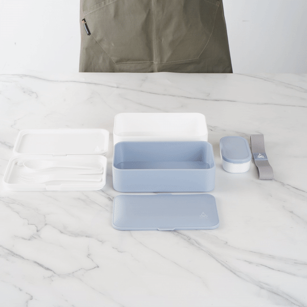 Bento Tek 41 oz Blue and White Buddha Box All-in-One Lunch Box - with Utensils, Sauce Cup - 7 1/4" x 4 1/4" x 4" - 1 count box