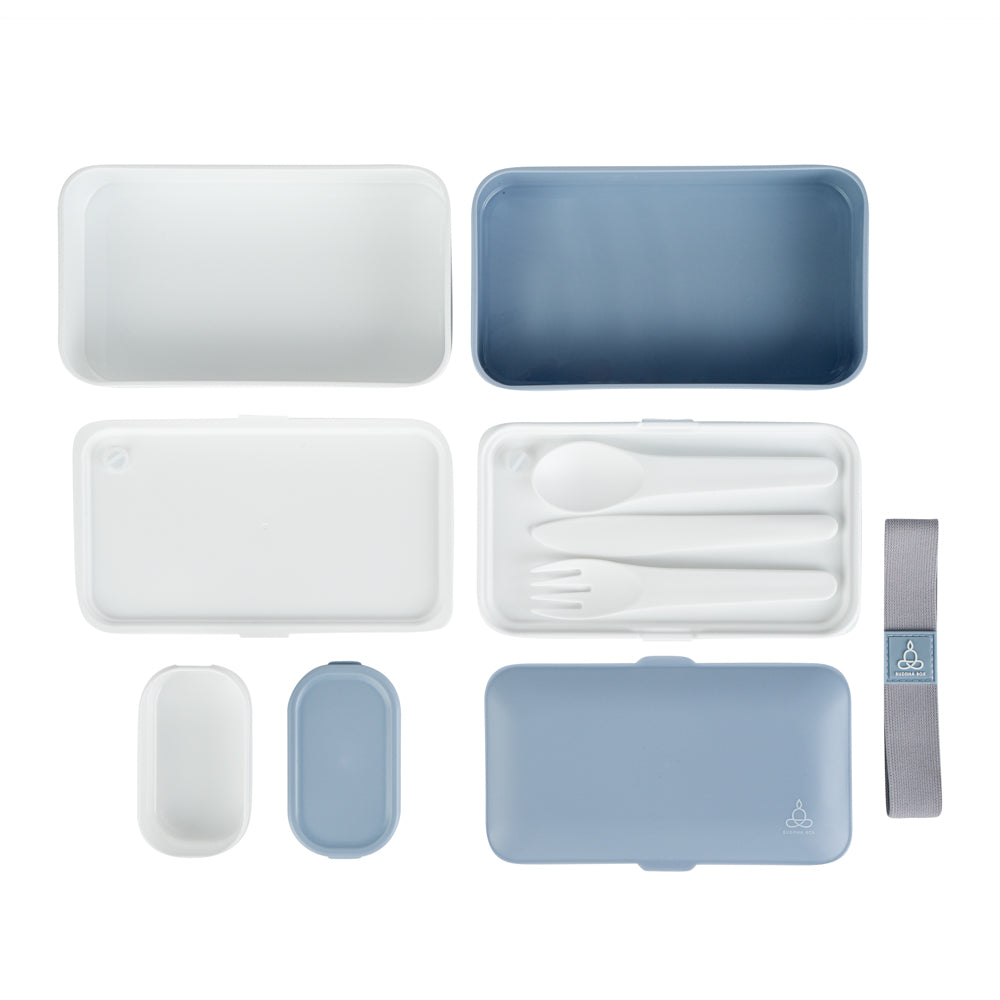 Bento Tek 41 oz Blue and White Buddha Box All-in-One Lunch Box - with Utensils, Sauce Cup - 7 1/4" x 4 1/4" x 4" - 1 count box