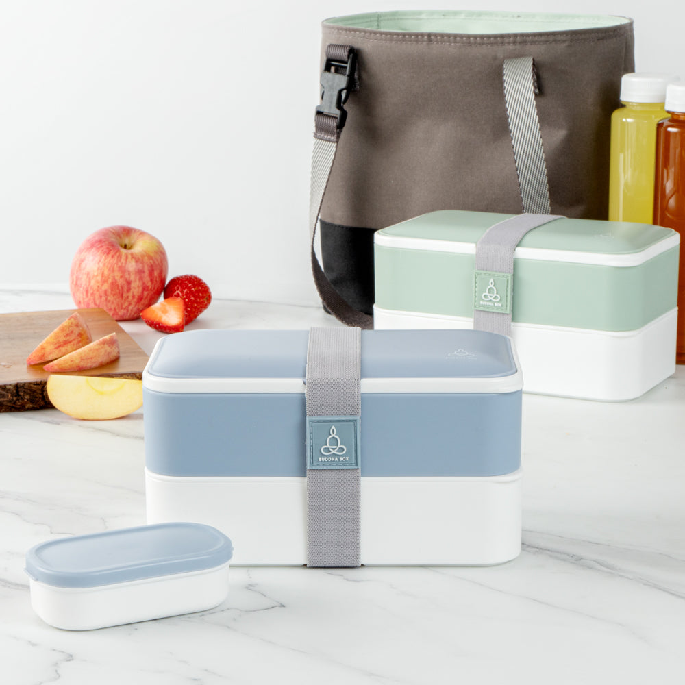 Bento Tek 41 oz Blue and White Buddha Box All-in-One Lunch Box - with Utensils, Sauce Cup - 7 1/4" x 4 1/4" x 4" - 1 count box