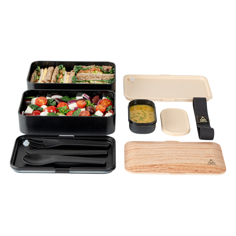 Bento Tek 41 oz Wood Grain and Black Buddha Box All-in-One Lunch Box - with Utensils, Sauce Cup - 7 1/4" x 4 1/4" x 4" - 1 count box