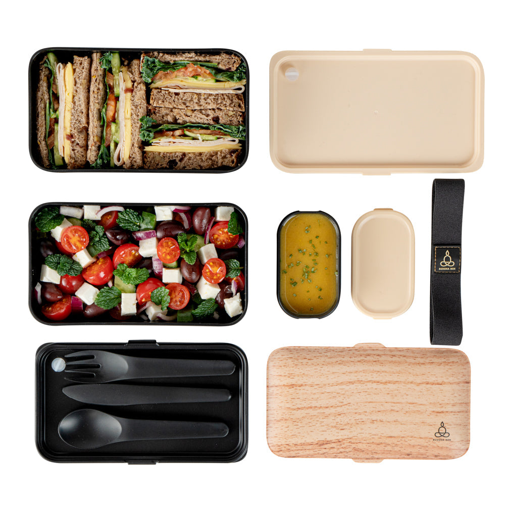 Bento Tek 41 oz Wood Grain and Black Buddha Box All-in-One Lunch Box - with Utensils, Sauce Cup - 7 1/4" x 4 1/4" x 4" - 1 count box