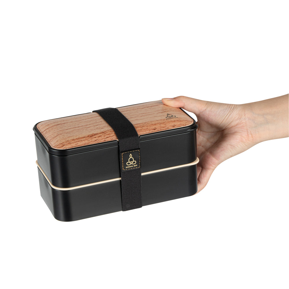 Bento Tek 41 oz Wood Grain and Black Buddha Box All-in-One Lunch Box - with Utensils, Sauce Cup - 7 1/4" x 4 1/4" x 4" - 1 count box