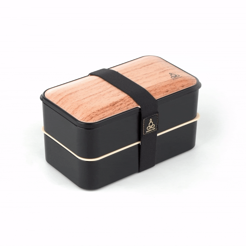 Bento Tek 41 oz Wood Grain and Black Buddha Box All-in-One Lunch Box - with Utensils, Sauce Cup - 7 1/4" x 4 1/4" x 4" - 1 count box