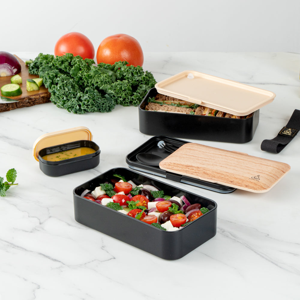 Bento Tek 41 oz Wood Grain and Black Buddha Box All-in-One Lunch Box - with Utensils, Sauce Cup - 7 1/4" x 4 1/4" x 4" - 1 count box