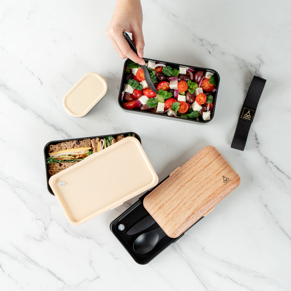 Bento Tek 41 oz Wood Grain and Black Buddha Box All-in-One Lunch Box - with Utensils, Sauce Cup - 7 1/4" x 4 1/4" x 4" - 1 count box