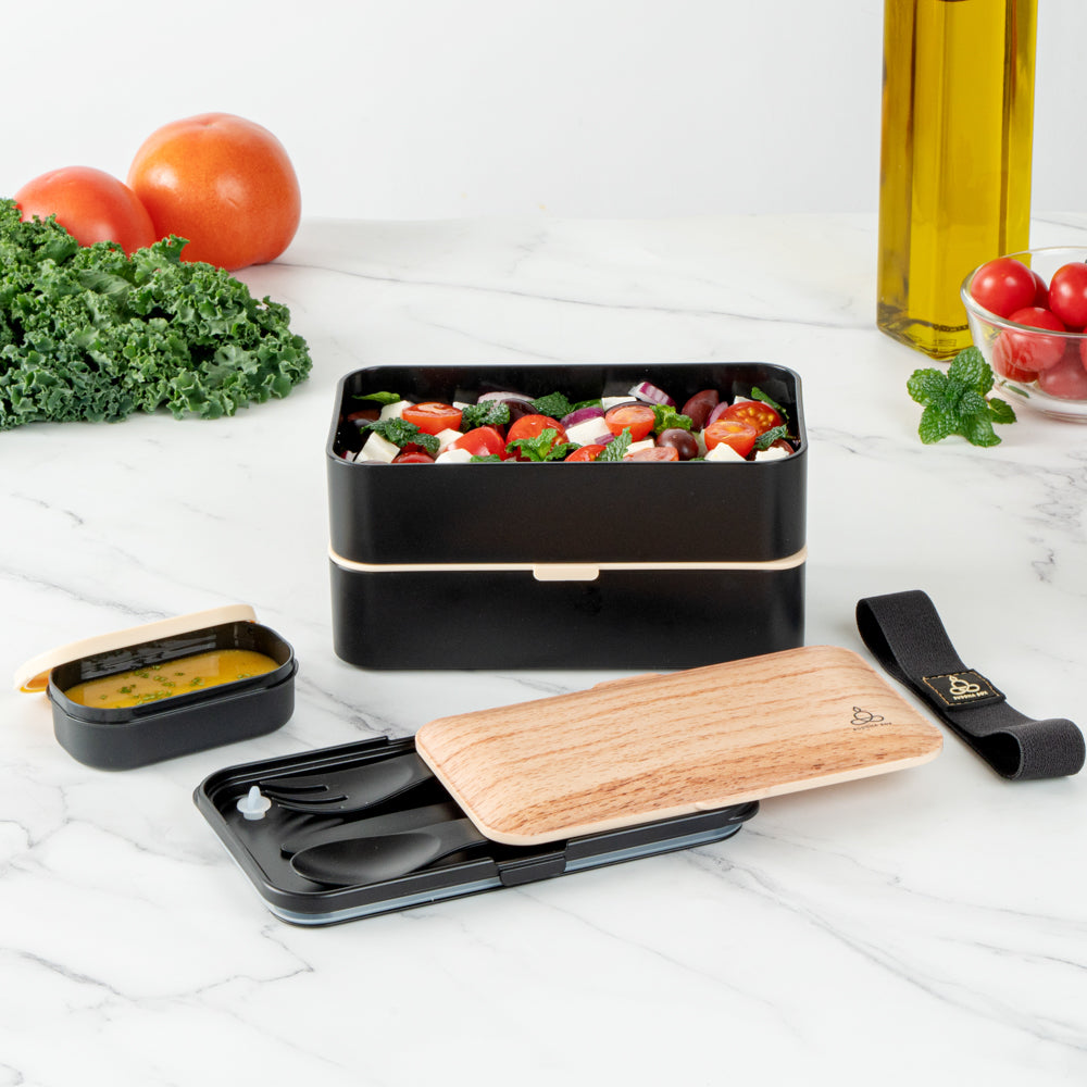 Bento Tek 41 oz Wood Grain and Black Buddha Box All-in-One Lunch Box - with Utensils, Sauce Cup - 7 1/4" x 4 1/4" x 4" - 1 count box