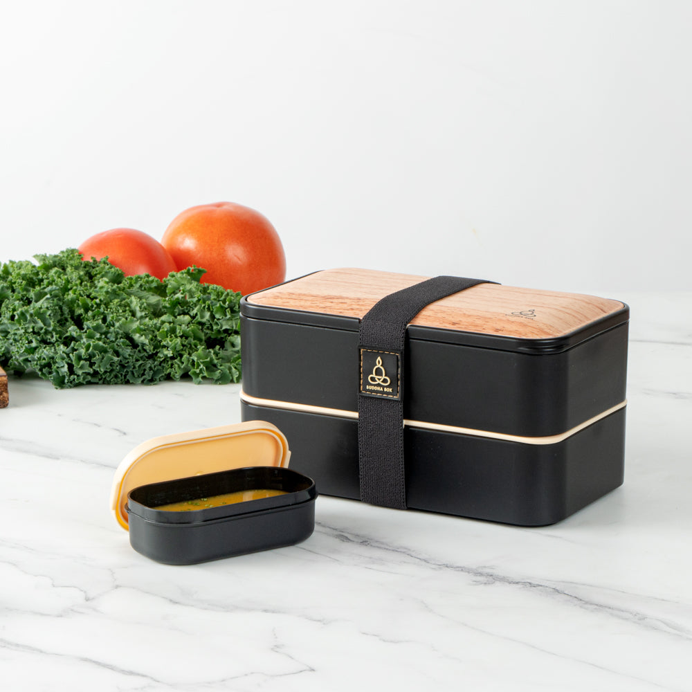 Bento Tek 41 oz Wood Grain and Black Buddha Box All-in-One Lunch Box - with Utensils, Sauce Cup - 7 1/4" x 4 1/4" x 4" - 1 count box