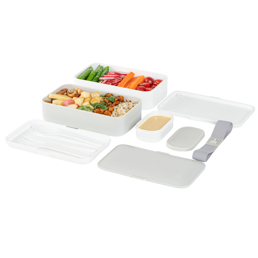 Bento Tek 41 oz Gray and White Buddha Box All-in-One Lunch Box - with Utensils, Sauce Cup - 7 1/4" x 4 1/4" x 4" - 1 count box