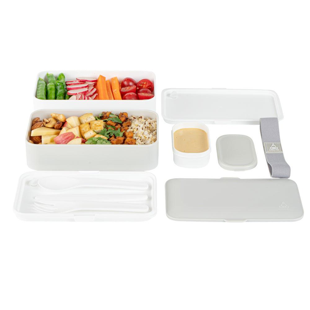 Bento Tek 41 oz Gray and White Buddha Box All-in-One Lunch Box - with Utensils, Sauce Cup - 7 1/4" x 4 1/4" x 4" - 1 count box