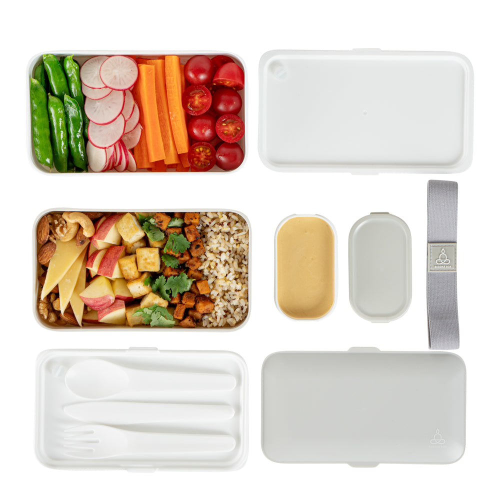 Bento Tek 41 oz Gray and White Buddha Box All-in-One Lunch Box - with Utensils, Sauce Cup - 7 1/4" x 4 1/4" x 4" - 1 count box