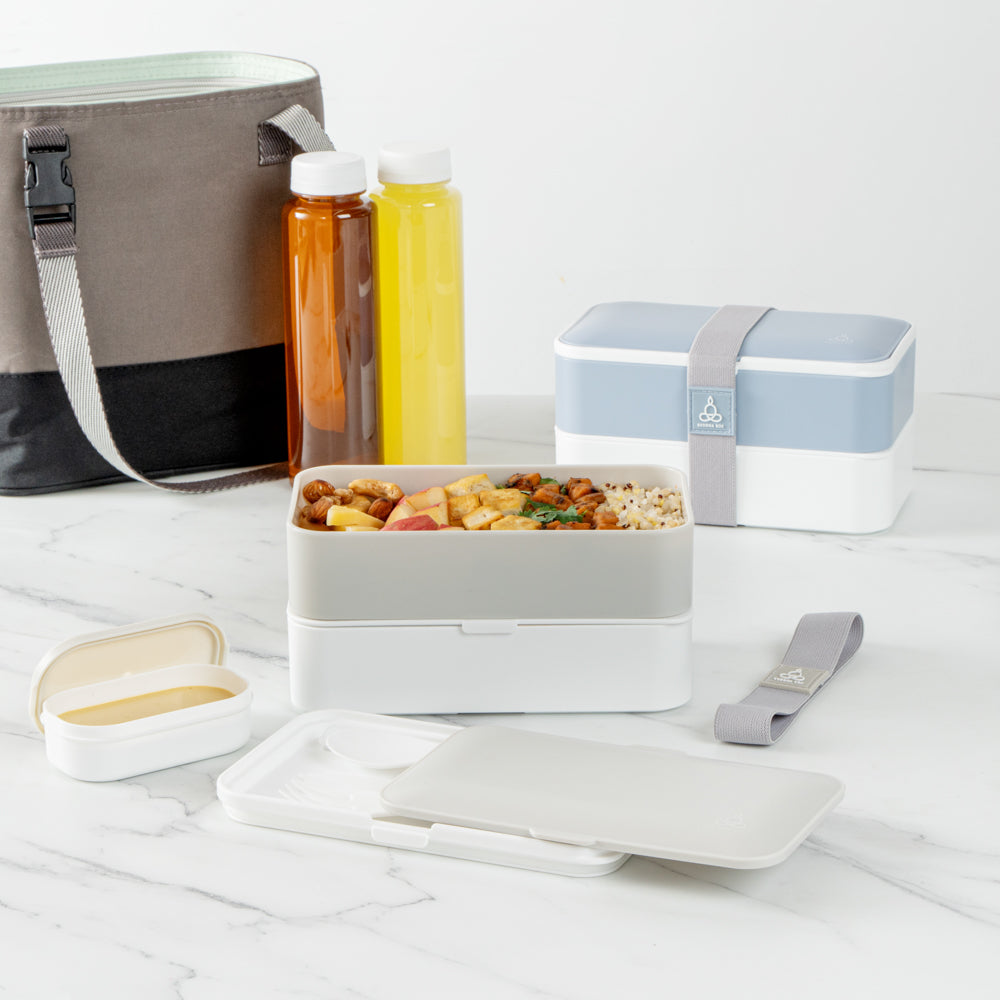 Bento Tek 41 oz Gray and White Buddha Box All-in-One Lunch Box - with Utensils, Sauce Cup - 7 1/4" x 4 1/4" x 4" - 1 count box