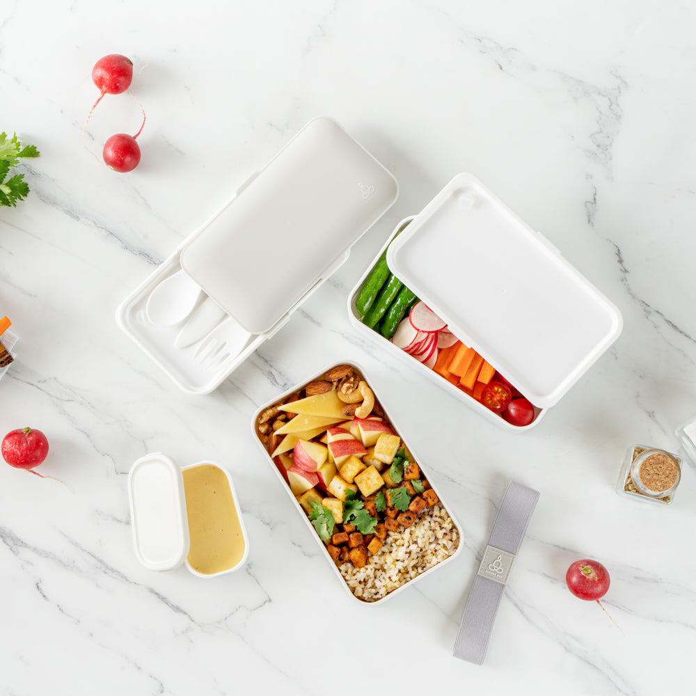 Bento Tek 41 oz Gray and White Buddha Box All-in-One Lunch Box - with Utensils, Sauce Cup - 7 1/4" x 4 1/4" x 4" - 1 count box
