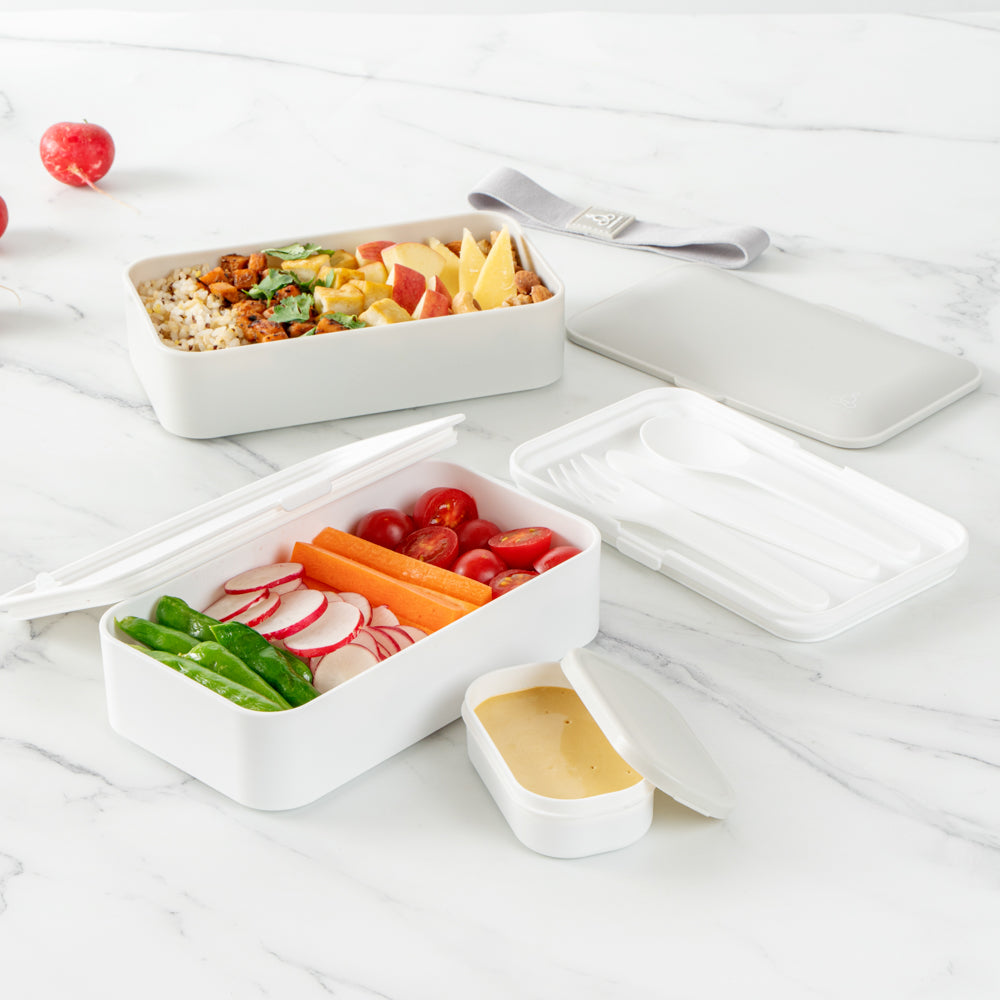 Bento Tek 41 oz Gray and White Buddha Box All-in-One Lunch Box - with Utensils, Sauce Cup - 7 1/4" x 4 1/4" x 4" - 1 count box