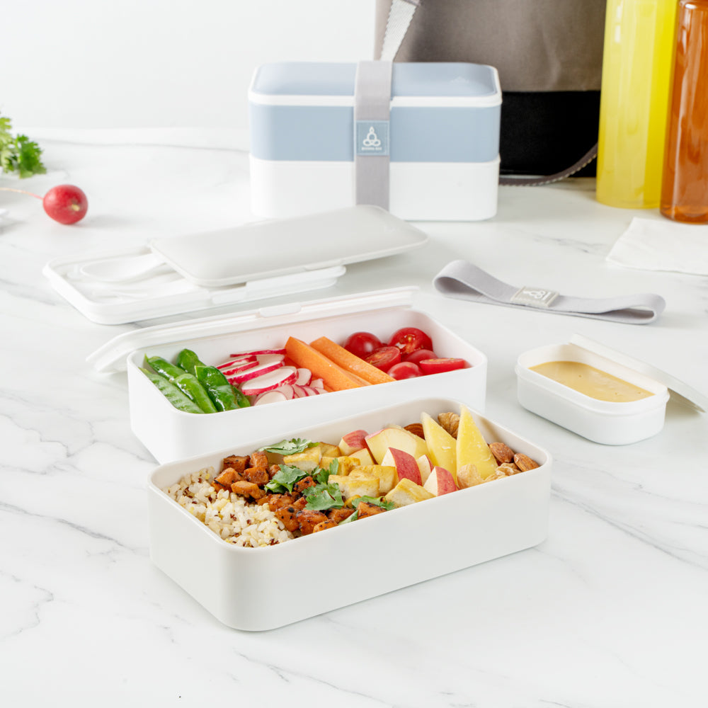 Bento Tek 41 oz Gray and White Buddha Box All-in-One Lunch Box - with Utensils, Sauce Cup - 7 1/4" x 4 1/4" x 4" - 1 count box