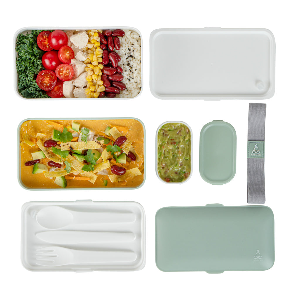 Bento Tek 41 oz Green and White Buddha Box All-in-One Lunch Box - with Utensils, Sauce Cup - 7 1/4" x 4 1/4" x 4" - 1 count box