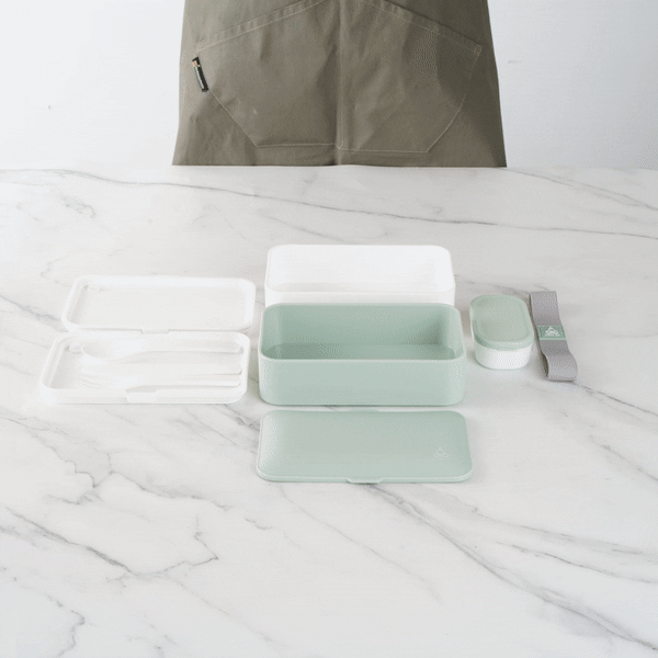 Bento Tek 41 oz Green and White Buddha Box All-in-One Lunch Box - with Utensils, Sauce Cup - 7 1/4" x 4 1/4" x 4" - 1 count box