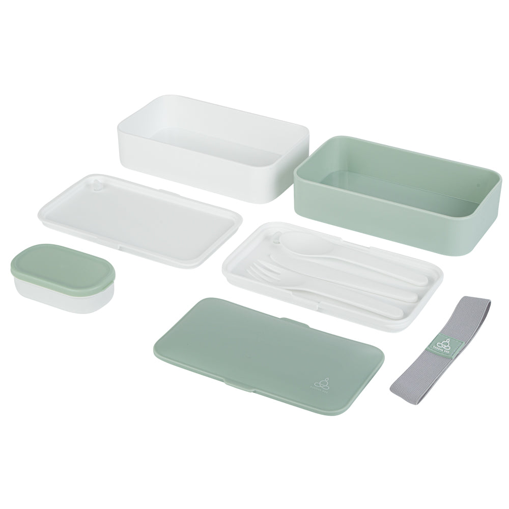 Bento Tek 41 oz Green and White Buddha Box All-in-One Lunch Box - with Utensils, Sauce Cup - 7 1/4" x 4 1/4" x 4" - 1 count box