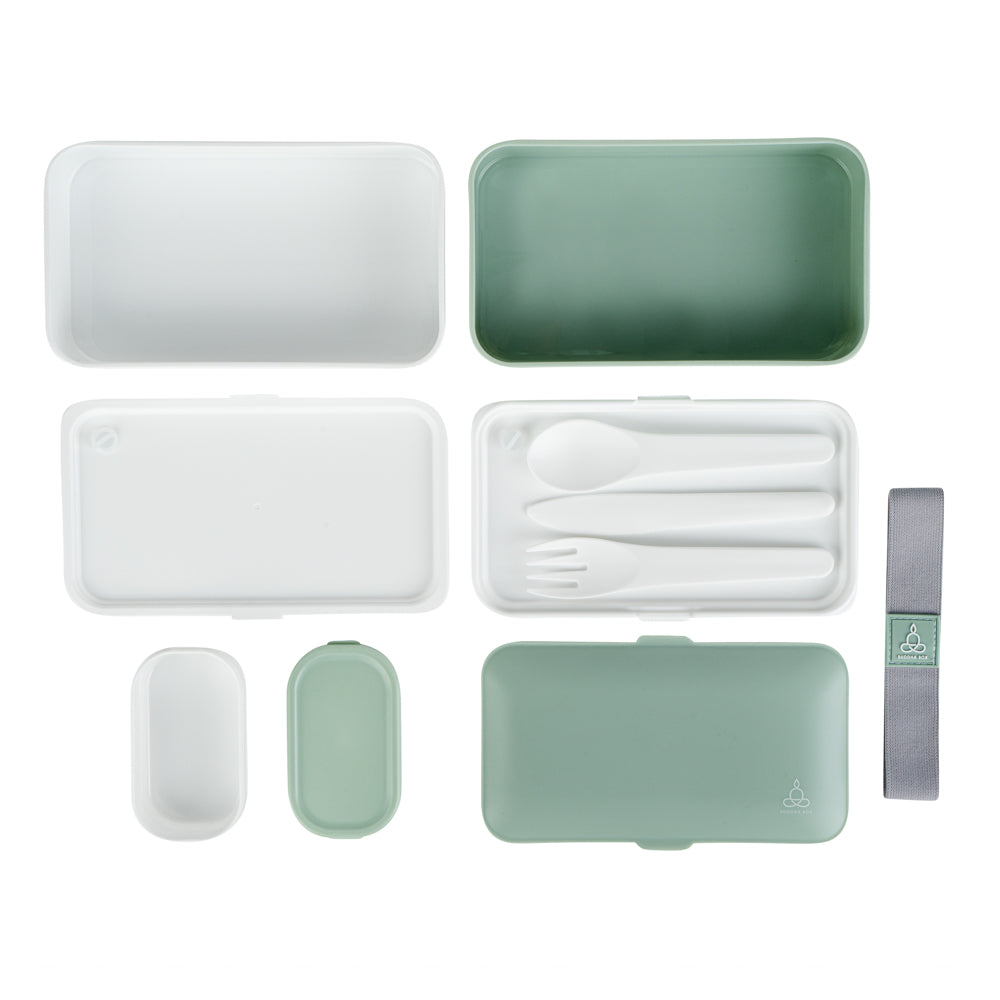 Bento Tek 41 oz Green and White Buddha Box All-in-One Lunch Box - with Utensils, Sauce Cup - 7 1/4" x 4 1/4" x 4" - 1 count box