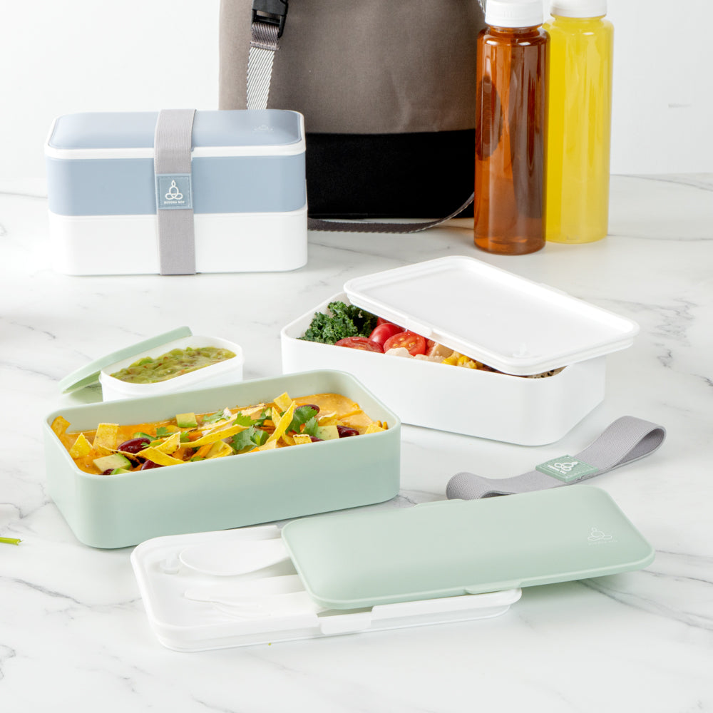 Bento Tek 41 oz Green and White Buddha Box All-in-One Lunch Box - with Utensils, Sauce Cup - 7 1/4" x 4 1/4" x 4" - 1 count box