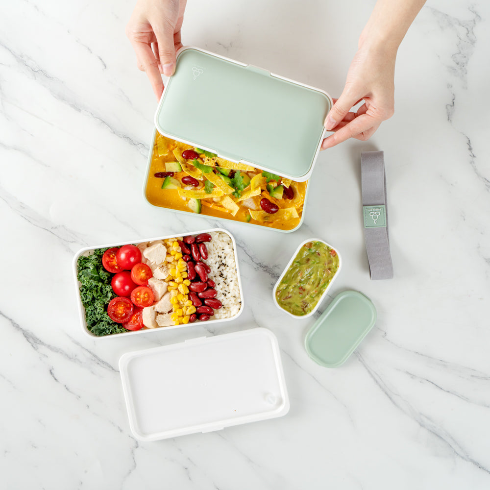 Bento Tek 41 oz Green and White Buddha Box All-in-One Lunch Box - with Utensils, Sauce Cup - 7 1/4" x 4 1/4" x 4" - 1 count box