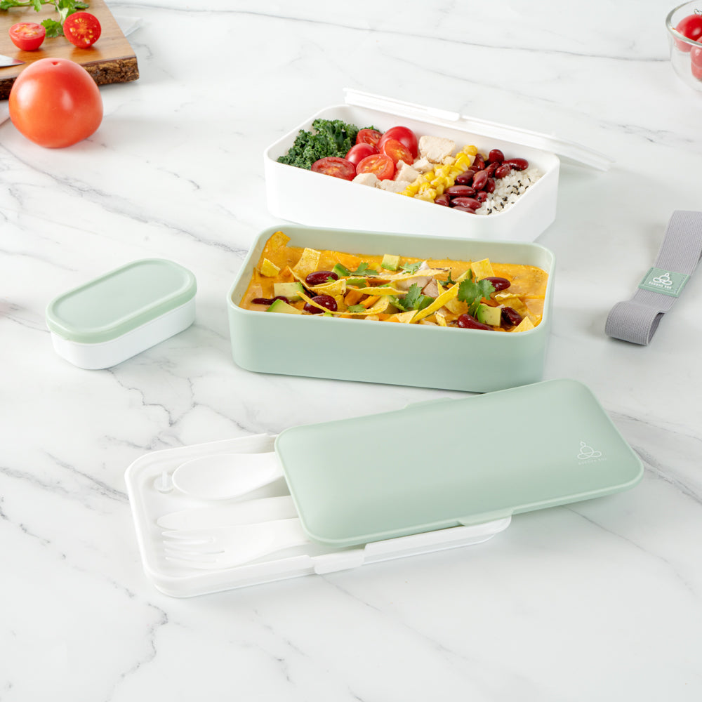Bento Tek 41 oz Green and White Buddha Box All-in-One Lunch Box - with Utensils, Sauce Cup - 7 1/4" x 4 1/4" x 4" - 1 count box