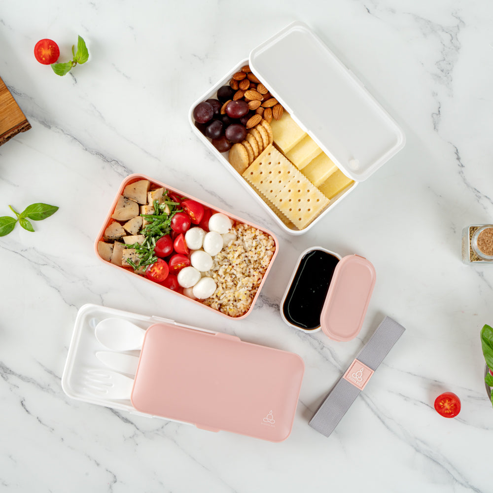 Bento Tek 41 oz Pink and White Buddha Box All-in-One Lunch Box - with Utensils, Sauce Cup - 7 1/4" x 4 1/4" x 4" - 1 count box
