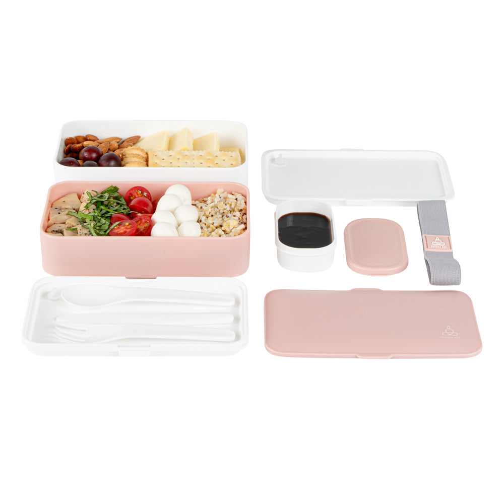 Bento Tek 41 oz Pink and White Buddha Box All-in-One Lunch Box - with Utensils, Sauce Cup - 7 1/4" x 4 1/4" x 4" - 1 count box