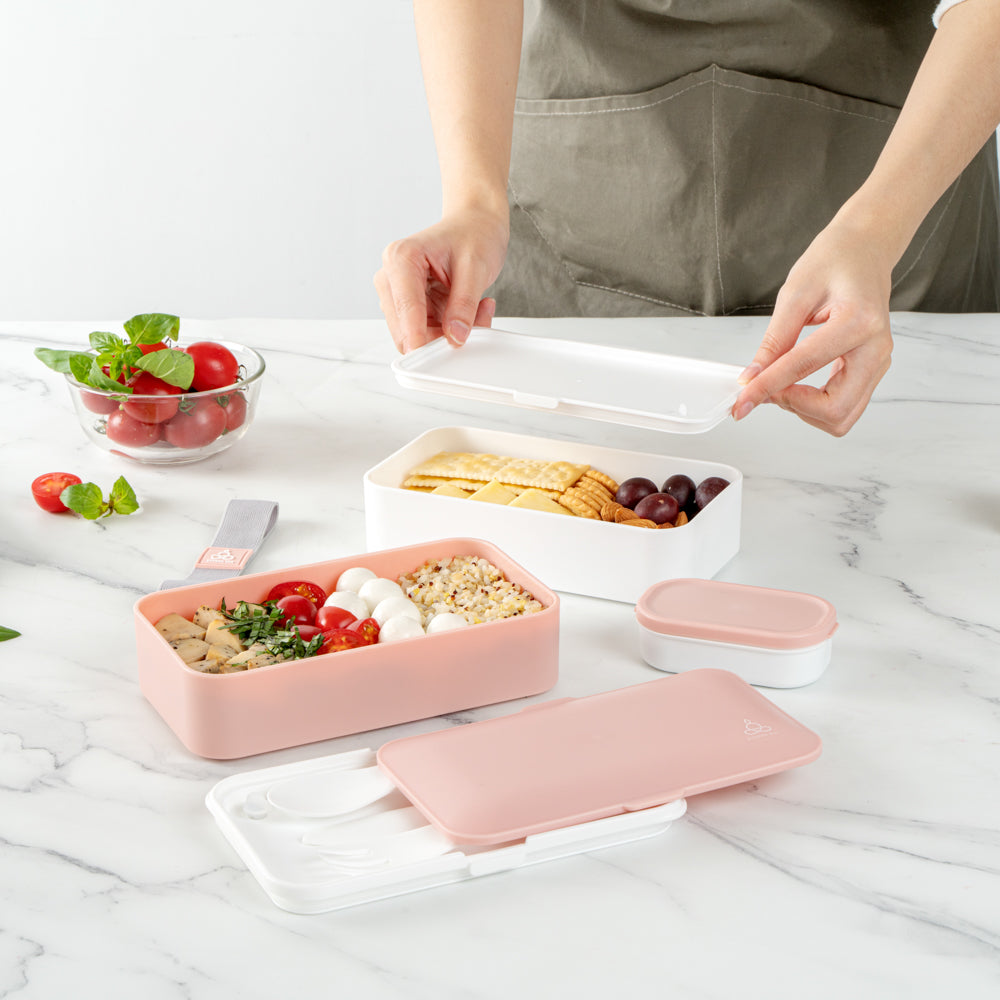 Bento Tek 41 oz Pink and White Buddha Box All-in-One Lunch Box - with Utensils, Sauce Cup - 7 1/4" x 4 1/4" x 4" - 1 count box