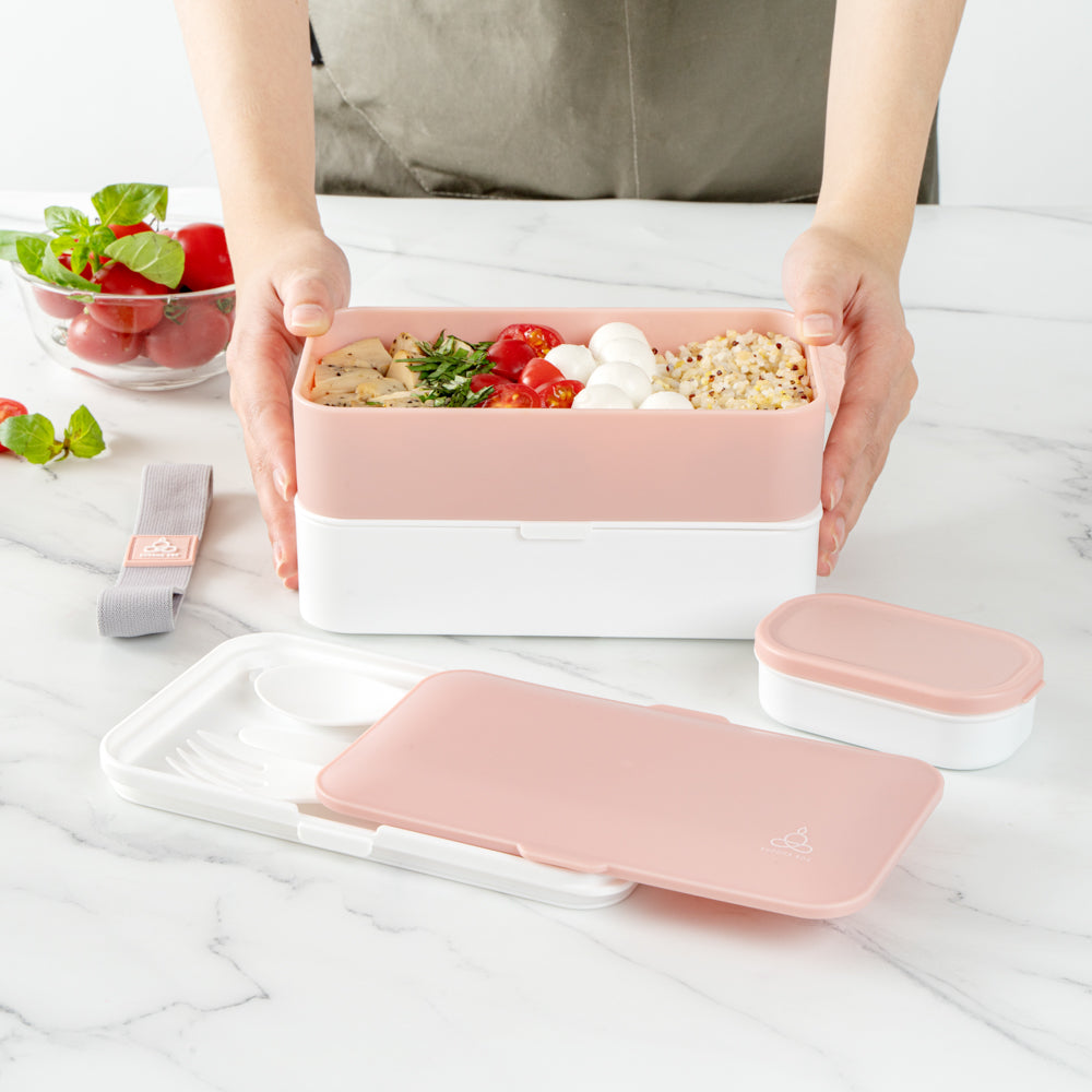 Bento Tek 41 oz Pink and White Buddha Box All-in-One Lunch Box - with Utensils, Sauce Cup - 7 1/4" x 4 1/4" x 4" - 1 count box
