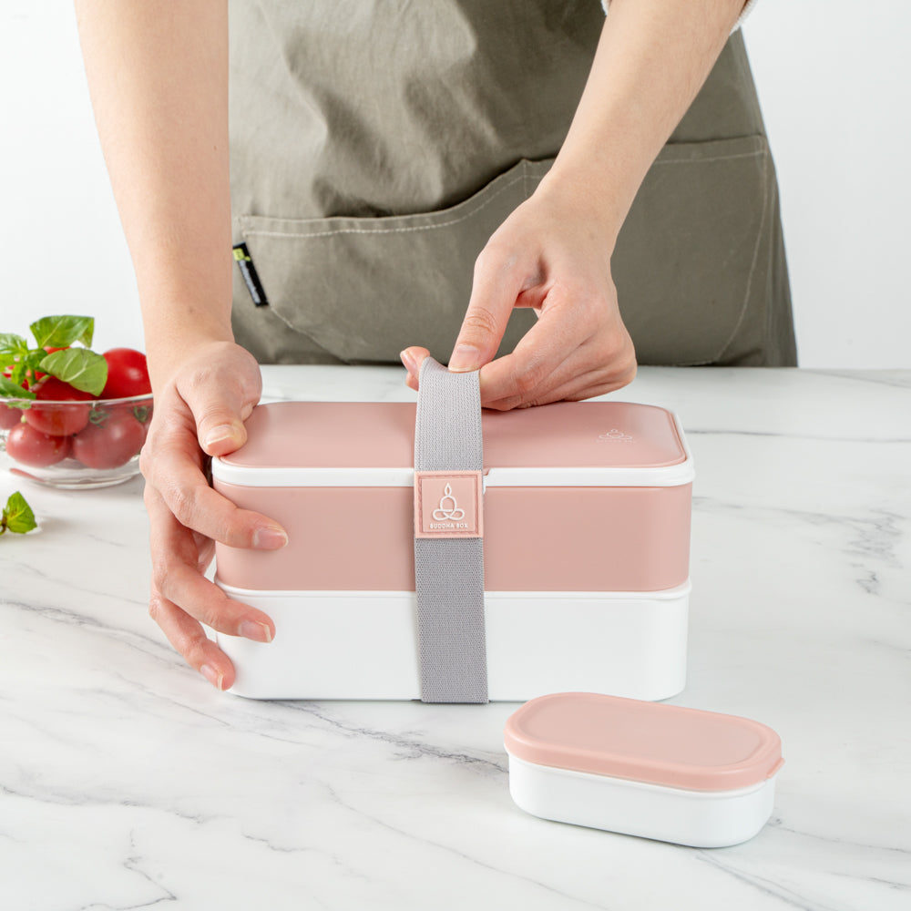 Bento Tek 41 oz Pink and White Buddha Box All-in-One Lunch Box - with Utensils, Sauce Cup - 7 1/4" x 4 1/4" x 4" - 1 count box