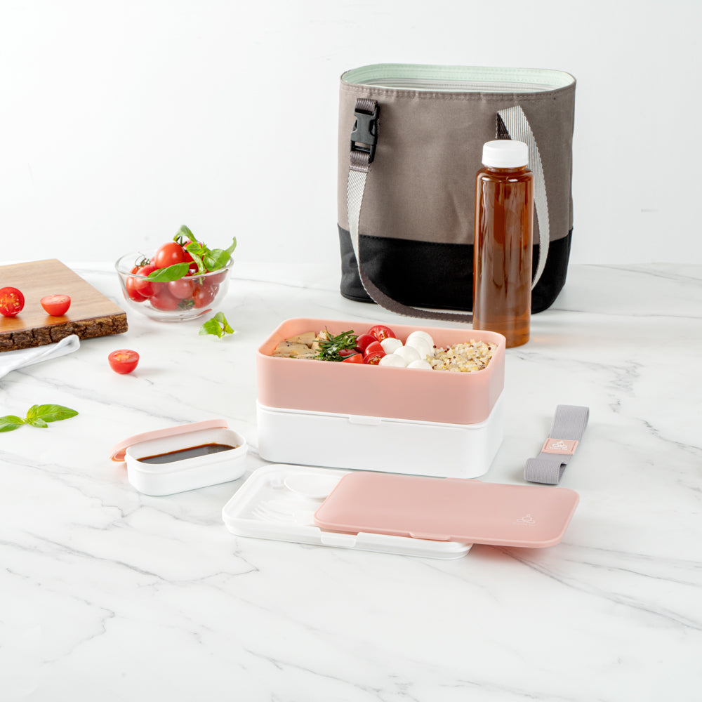 Bento Tek 41 oz Pink and White Buddha Box All-in-One Lunch Box - with Utensils, Sauce Cup - 7 1/4" x 4 1/4" x 4" - 1 count box