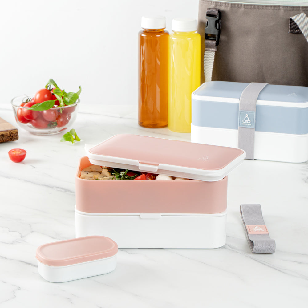 Bento Tek 41 oz Pink and White Buddha Box All-in-One Lunch Box - with Utensils, Sauce Cup - 7 1/4" x 4 1/4" x 4" - 1 count box
