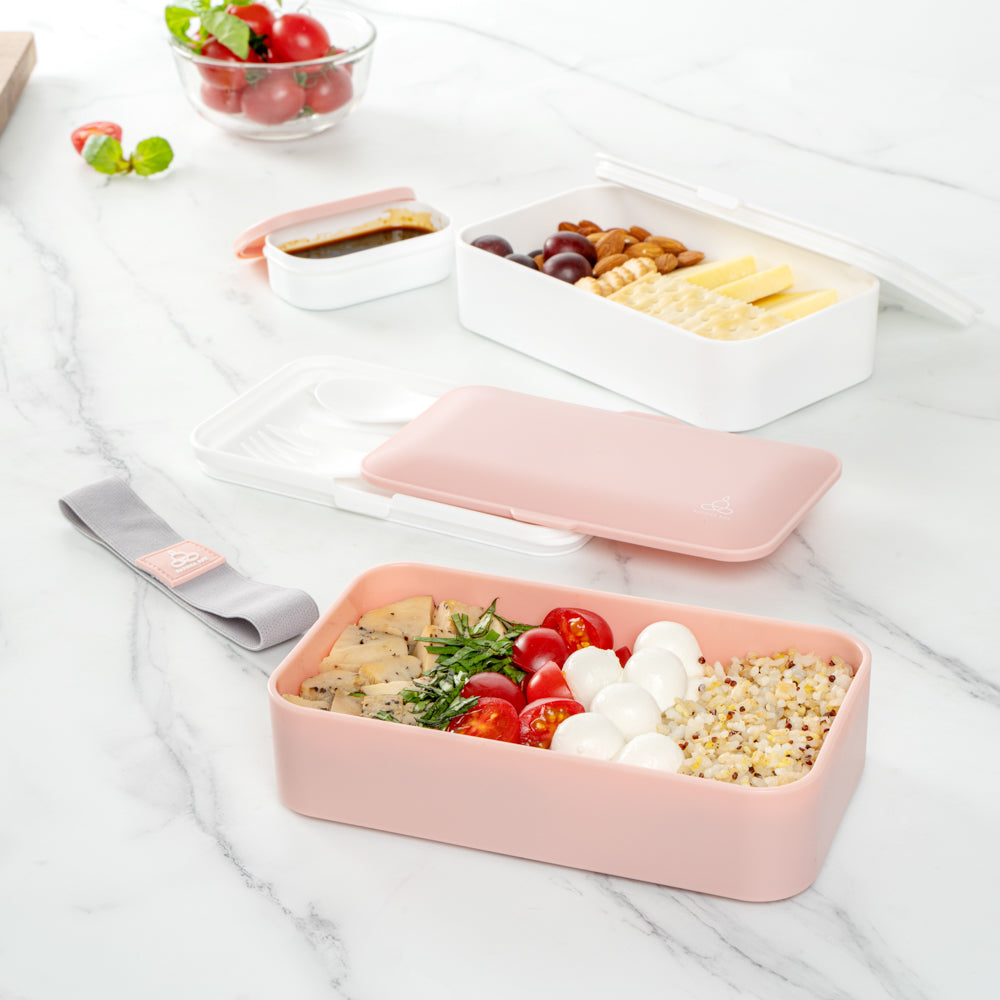 Bento Tek 41 oz Pink and White Buddha Box All-in-One Lunch Box - with Utensils, Sauce Cup - 7 1/4" x 4 1/4" x 4" - 1 count box
