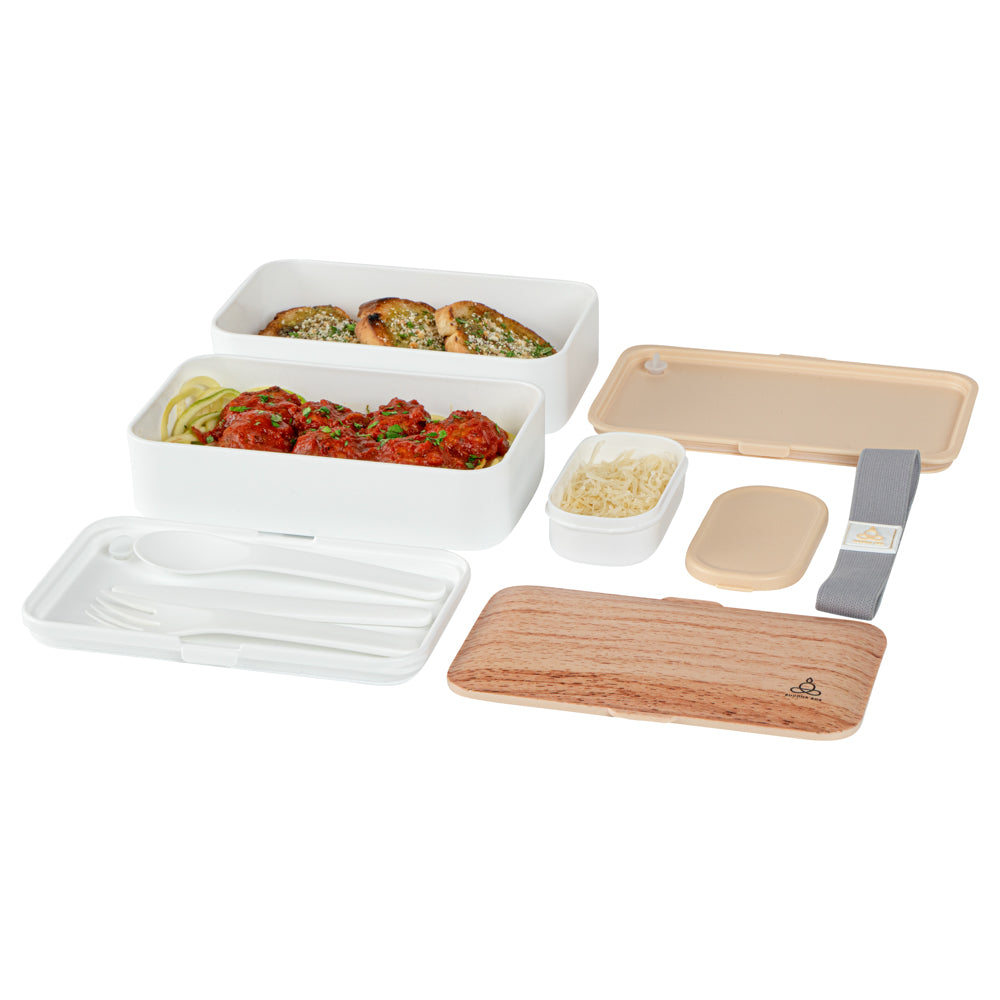 Bento Tek 41 oz Wood Grain and White Buddha Box All-in-One Lunch Box - with Utensils, Sauce Cup - 7 1/4" x 4 1/4" x 4" - 1 count box