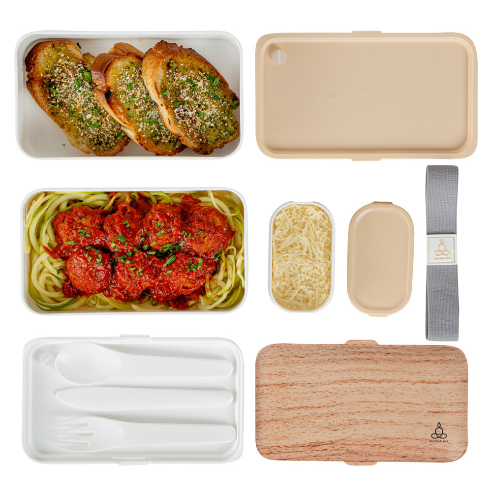 Bento Tek 41 oz Wood Grain and White Buddha Box All-in-One Lunch Box - with Utensils, Sauce Cup - 7 1/4" x 4 1/4" x 4" - 1 count box