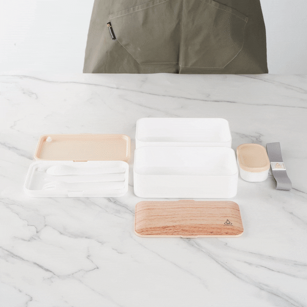Bento Tek 41 oz Wood Grain and White Buddha Box All-in-One Lunch Box - with Utensils, Sauce Cup - 7 1/4" x 4 1/4" x 4" - 1 count box