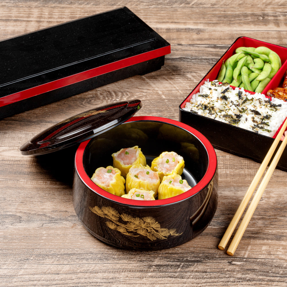 Bento Tek 25 oz Round Black Japanese Style Bento Box - 6 1/2" x 6 1/2" x 3 1/4" - 1 count box