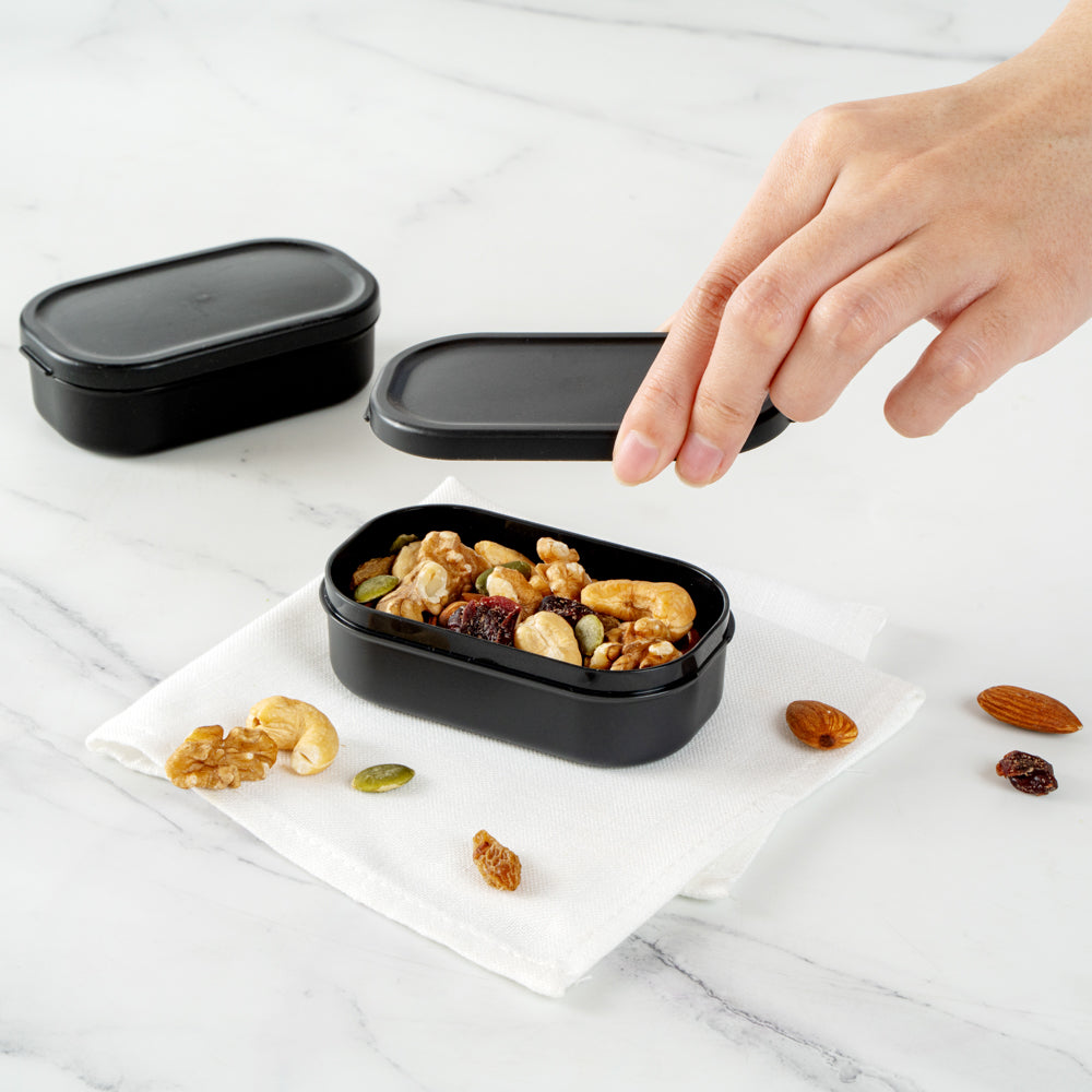 Bento Tek 3 oz Black Buddha Box Snack / Sauce Container - with Black Lid - 3 3/4" x 2 1/4" x 1 1/4" - 4 count box