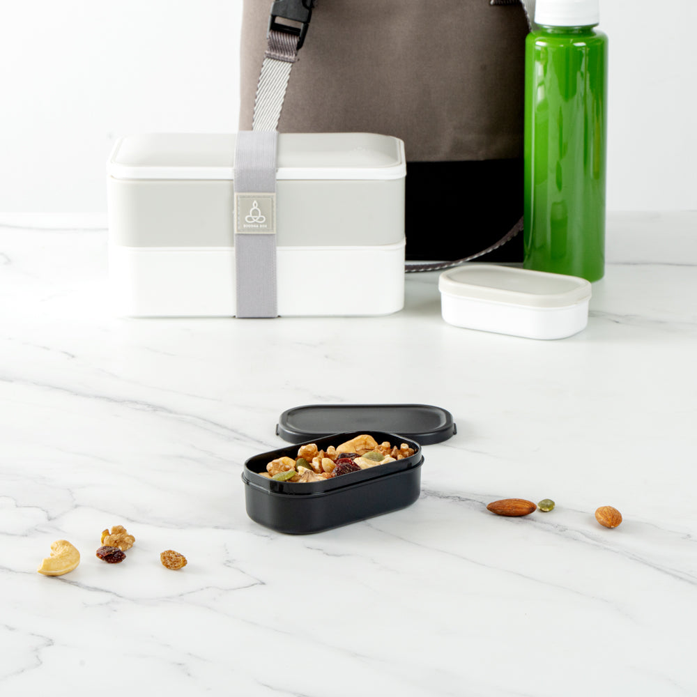 Bento Tek 3 oz Black Buddha Box Snack / Sauce Container - with Black Lid - 3 3/4" x 2 1/4" x 1 1/4" - 4 count box