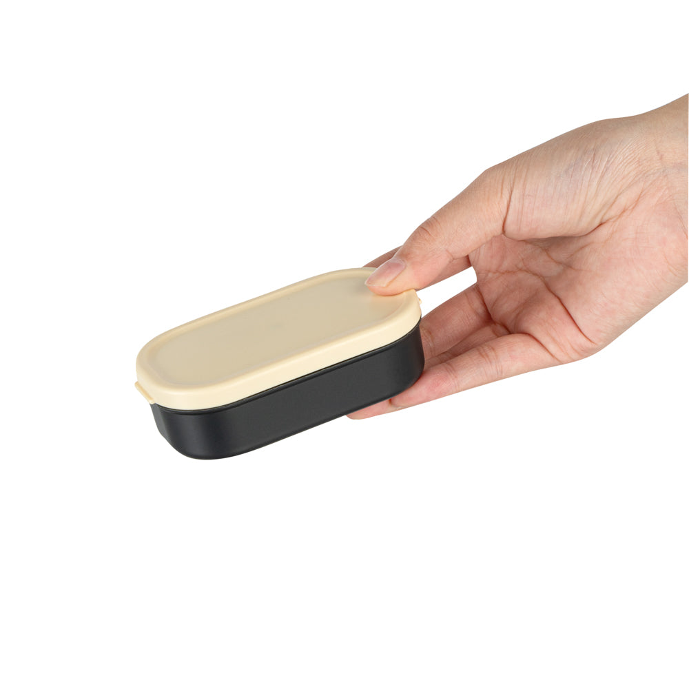 Bento Tek 3 oz Black Buddha Box Snack / Sauce Container - with Beige Lid - 3 3/4" x 2 1/4" x 1 1/4" - 4 count box