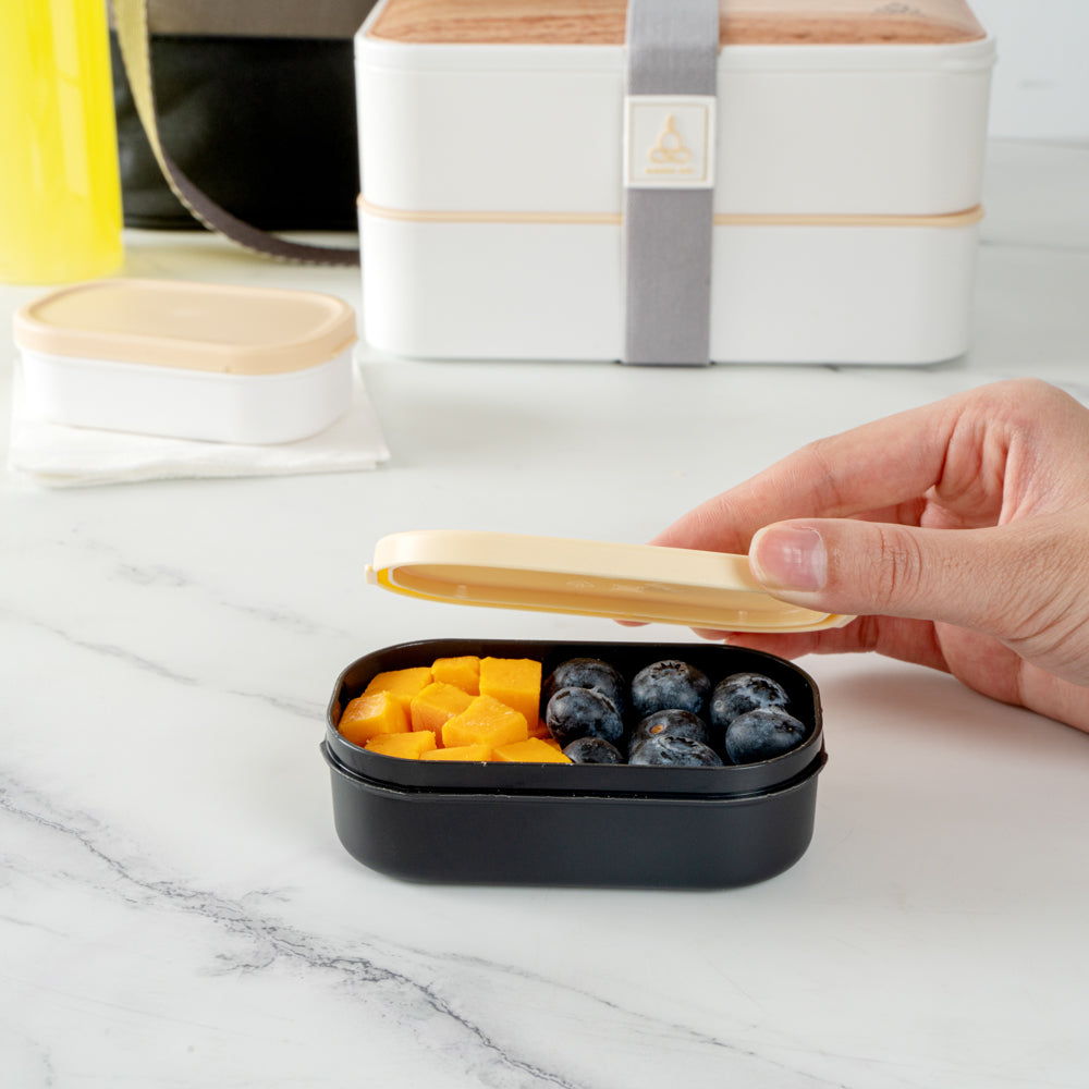 Bento Tek 3 oz Black Buddha Box Snack / Sauce Container - with Beige Lid - 3 3/4" x 2 1/4" x 1 1/4" - 4 count box