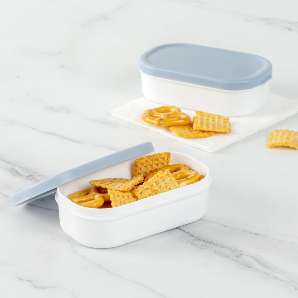 Bento Tek 3 oz White Buddha Box Snack / Sauce Container - with Blue Lid - 3 3/4" x 2 1/4" x 1 1/4" - 4 count box