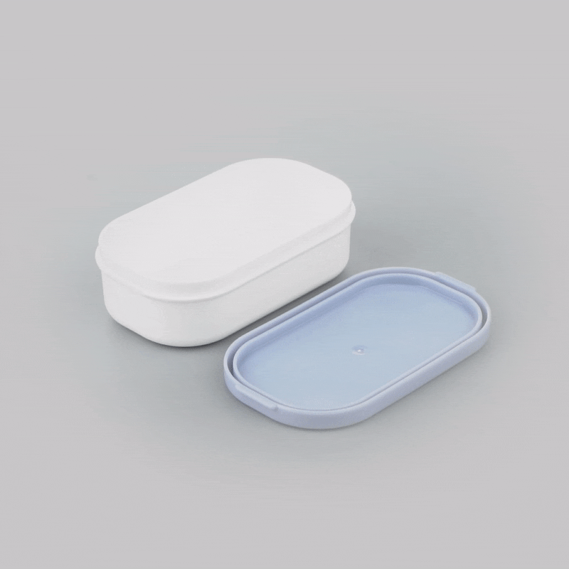 Bento Tek 3 oz White Buddha Box Snack / Sauce Container - with Blue Lid - 3 3/4" x 2 1/4" x 1 1/4" - 4 count box