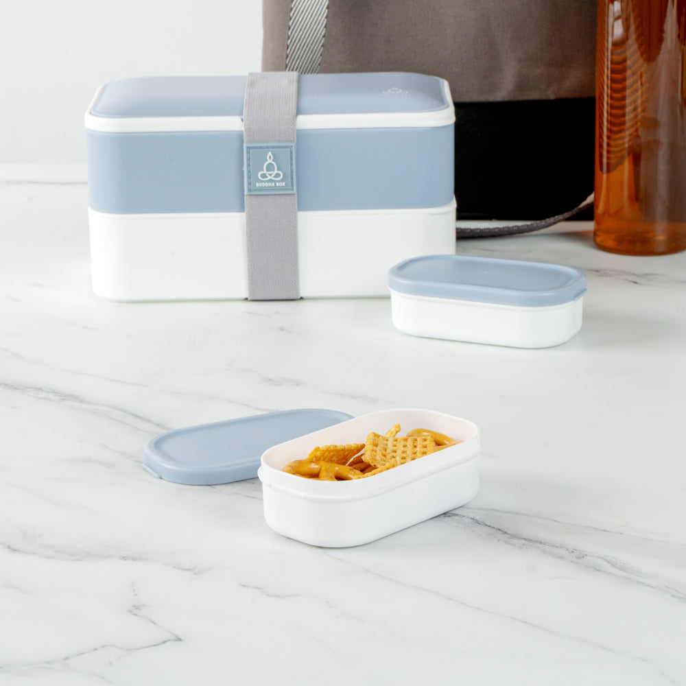 Bento Tek 3 oz White Buddha Box Snack / Sauce Container - with Blue Lid - 3 3/4" x 2 1/4" x 1 1/4" - 4 count box