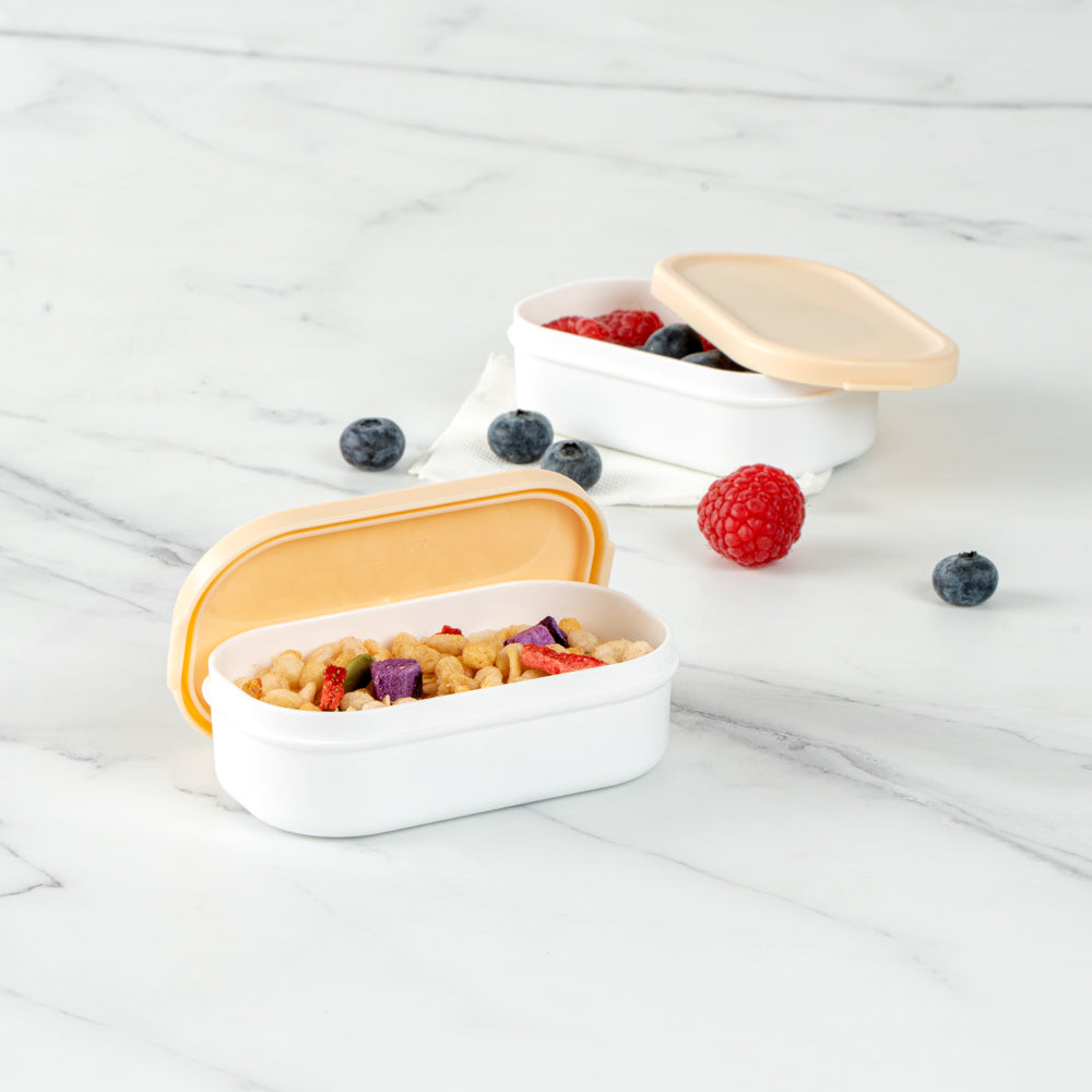 Bento Tek 3 oz White Buddha Box Snack / Sauce Container - with Beige Lid - 3 3/4" x 2 1/4" x 1 1/4" - 4 count box