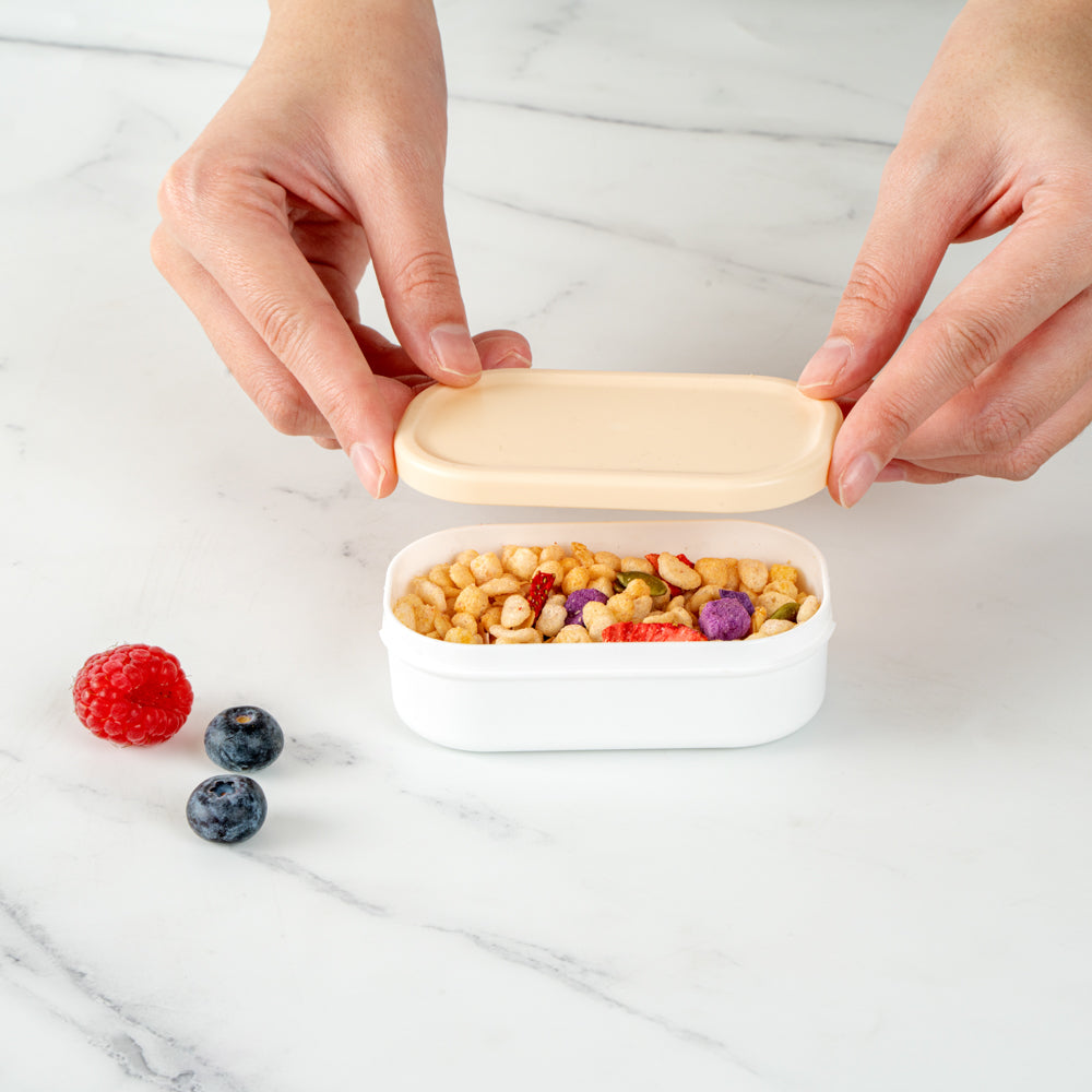 Bento Tek 3 oz White Buddha Box Snack / Sauce Container - with Beige Lid - 3 3/4" x 2 1/4" x 1 1/4" - 4 count box